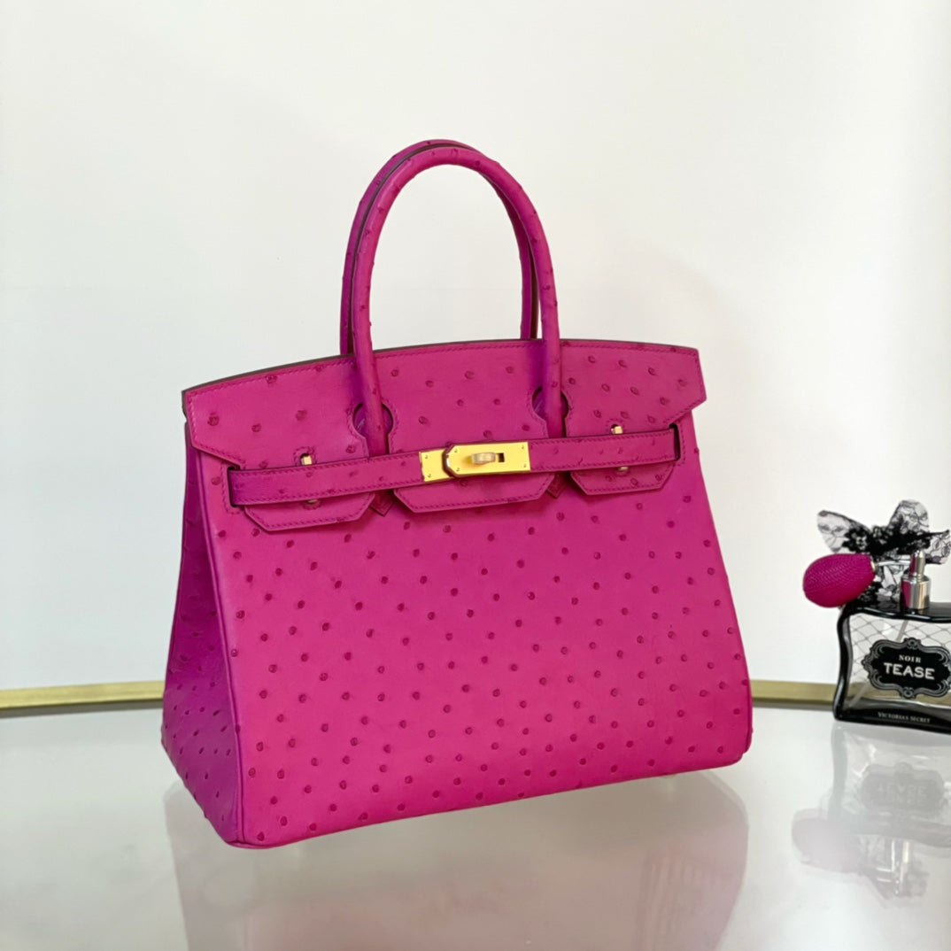 Ostrich Leather Pink and Gold Buckle Platinum 30