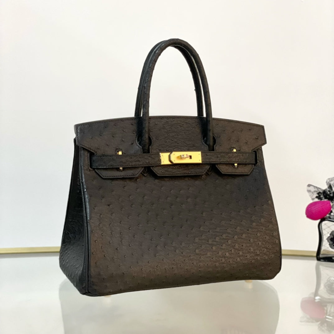 Luxury Platinum 30 Ostrich Leather Black Belt with Gold Buckle