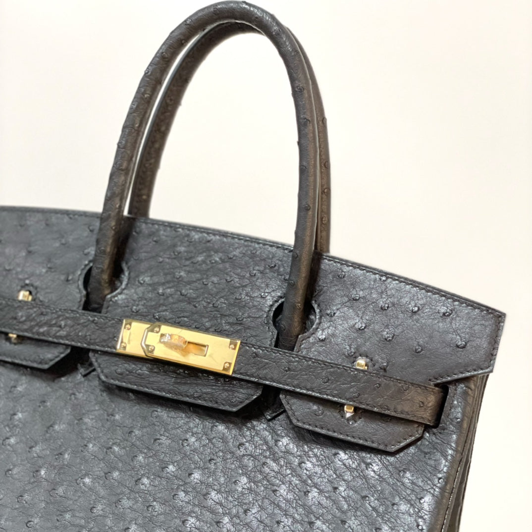 Luxury Platinum 30 Ostrich Leather Black Belt with Gold Buckle