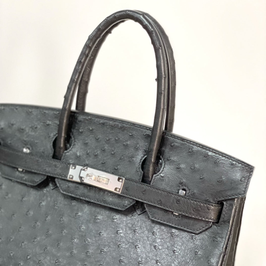 Premium Ostrich Leather Platinum 30 Belt - Black with Silver Buckle