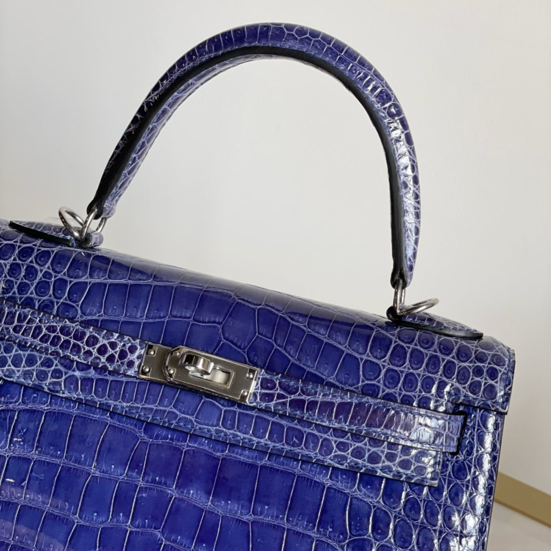 Kelly 25 High Gloss Siamese Electric Blue Handbag