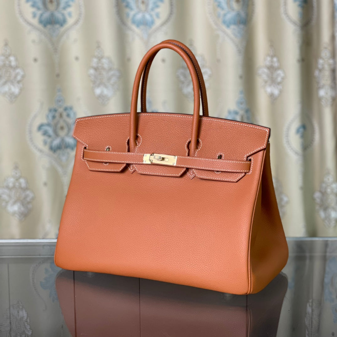 Platinum Togo Golden Brown Handbag with Gold Buckle â€“ Ready to Ship