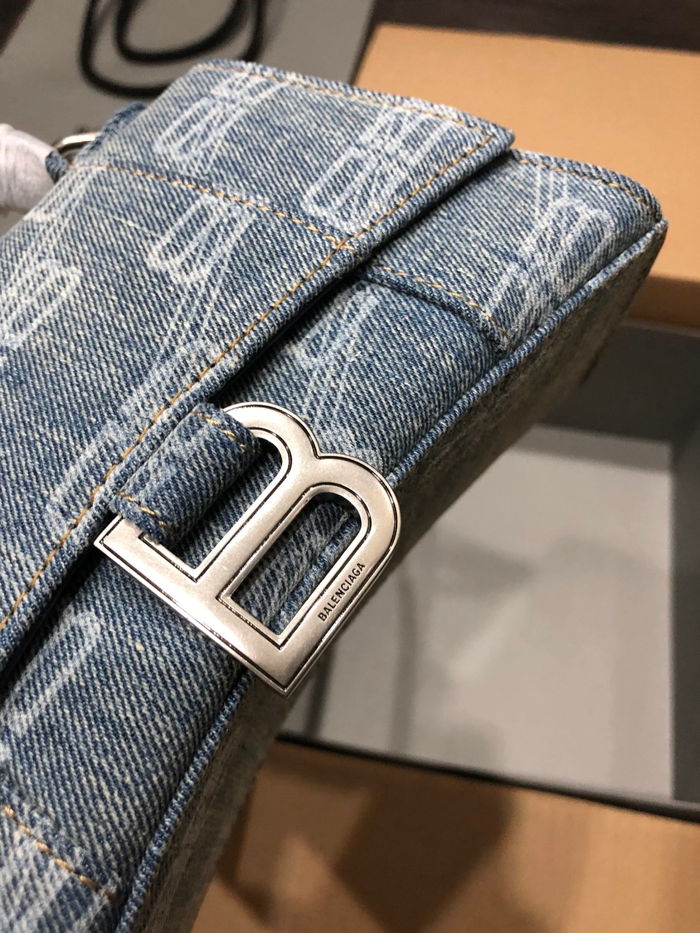 Balenciaga Hourglass Bag - Denim Print B Silver Buckle