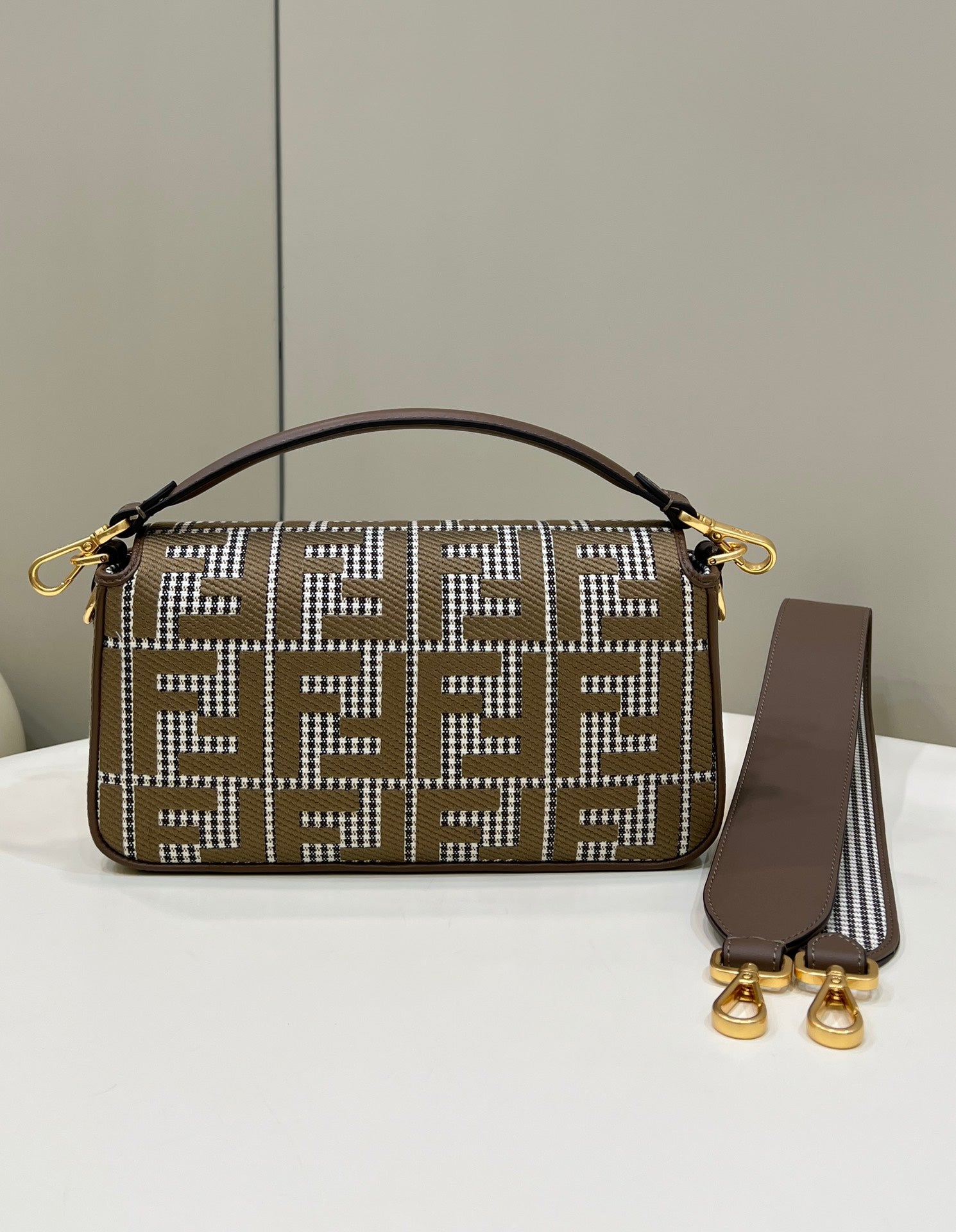 Luxury Houndstooth Baguette Bag with Embroidered Details