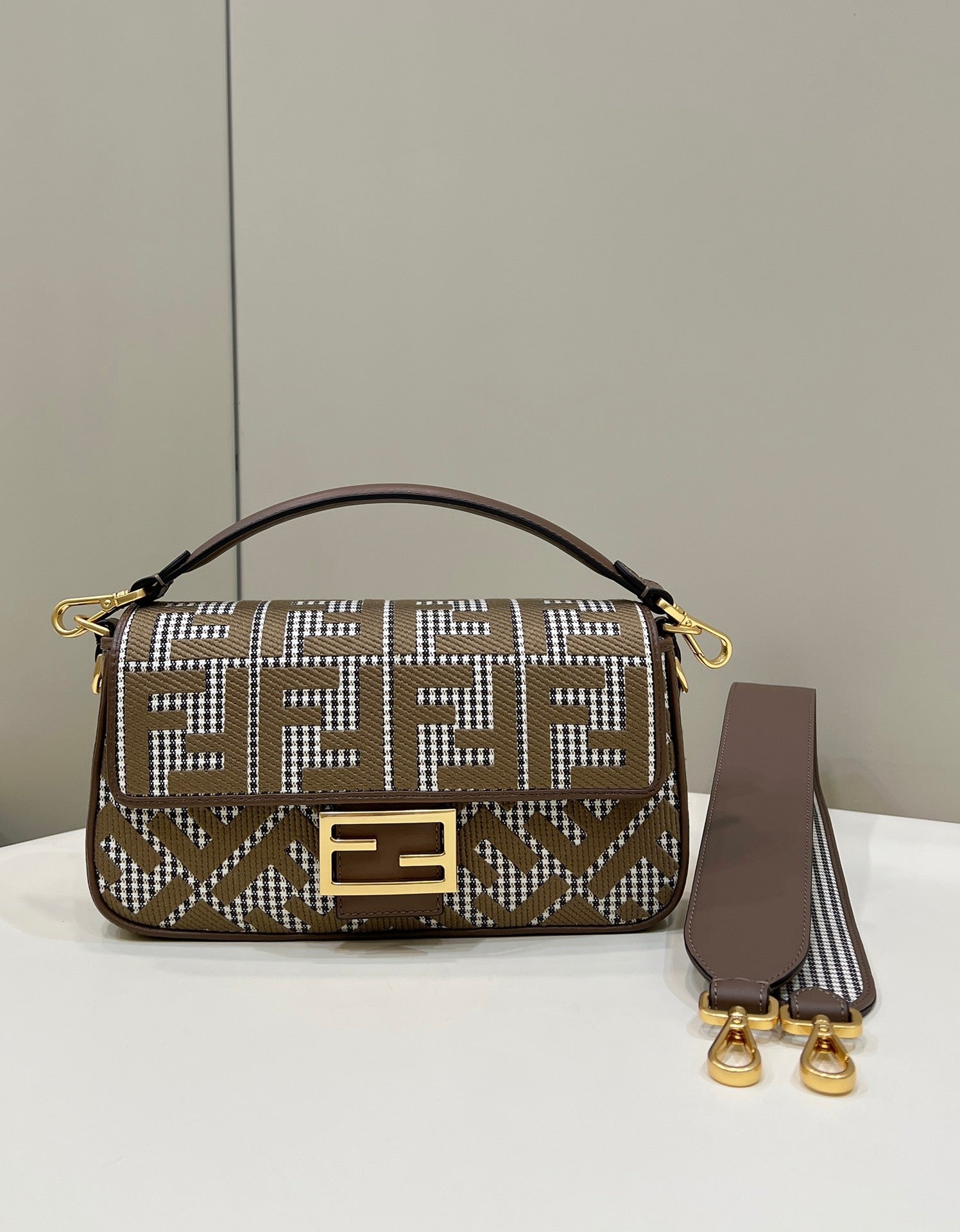 Luxury Houndstooth Baguette Bag with Embroidered Details