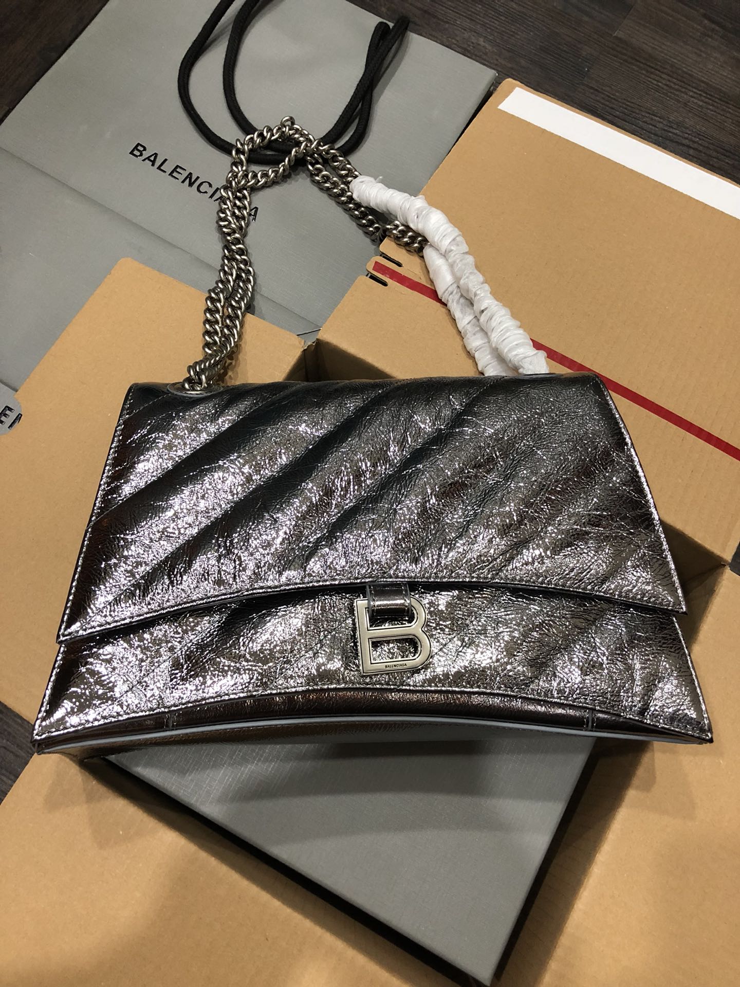 Balenciaga Crush Quilted Chain Bag - Medium Silver Buckle