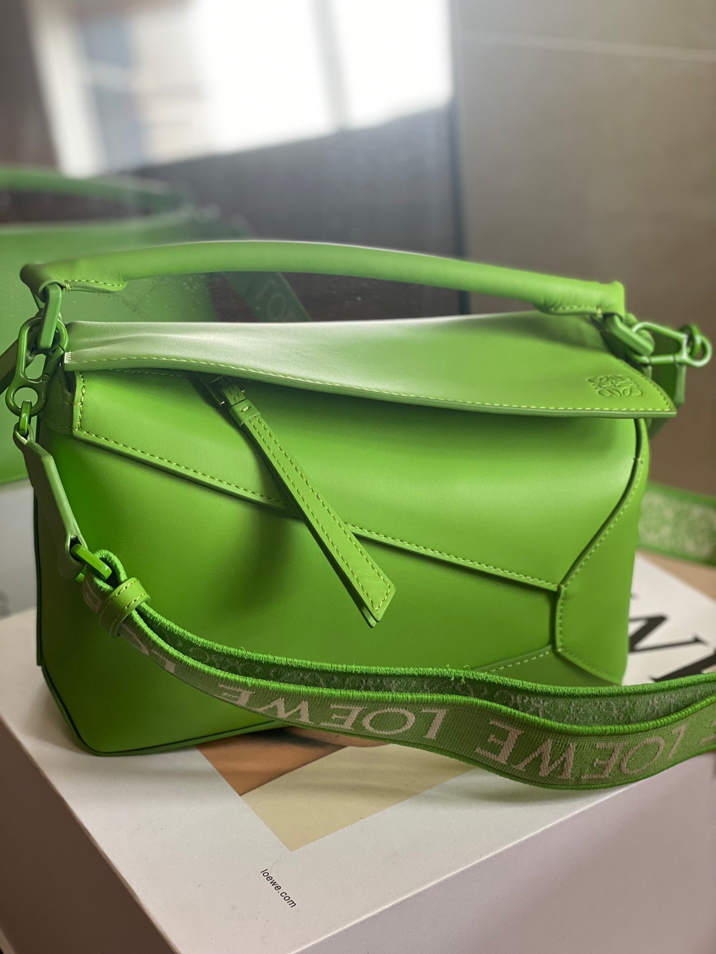 Small Apple Green Satin Cow Leather Puzzle Bag by LOEWE