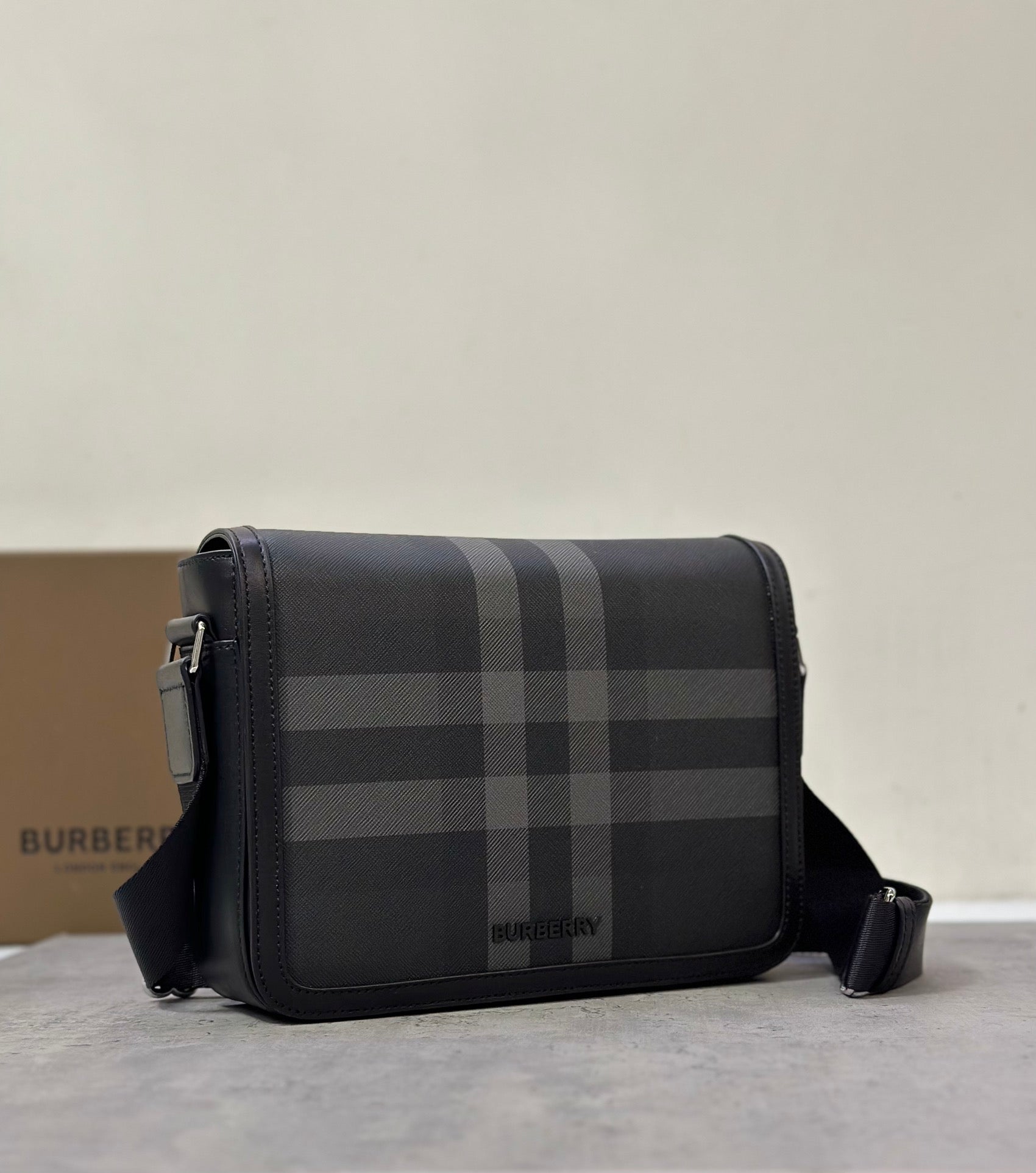 Burberry Check Patterned Upright Bag with Leather Trim