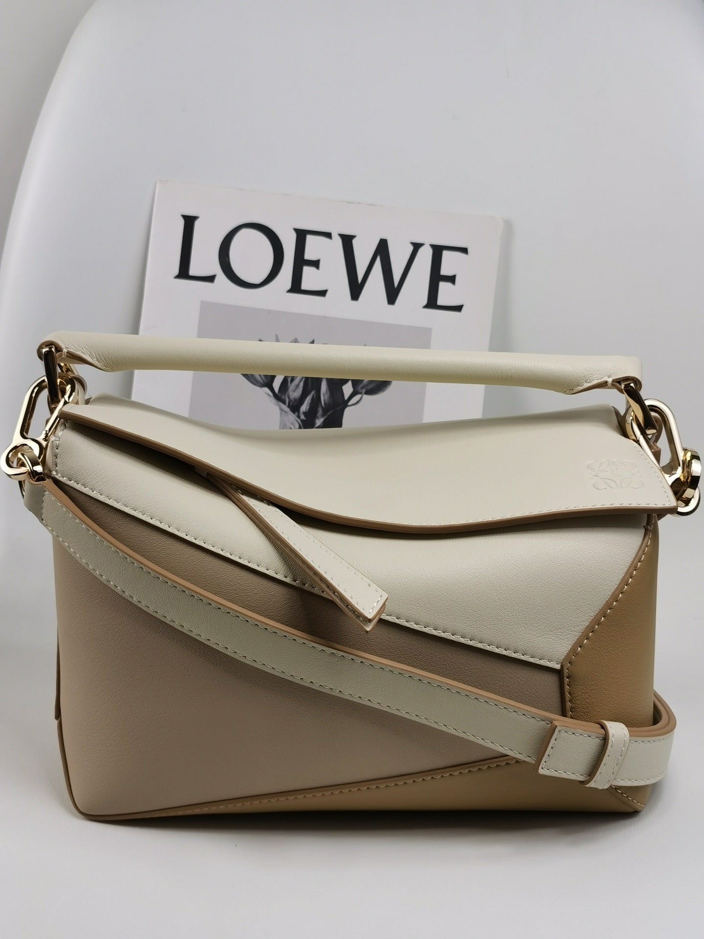Small Classic Calf Leather Puzzle Bag in Gray Beige/Gold