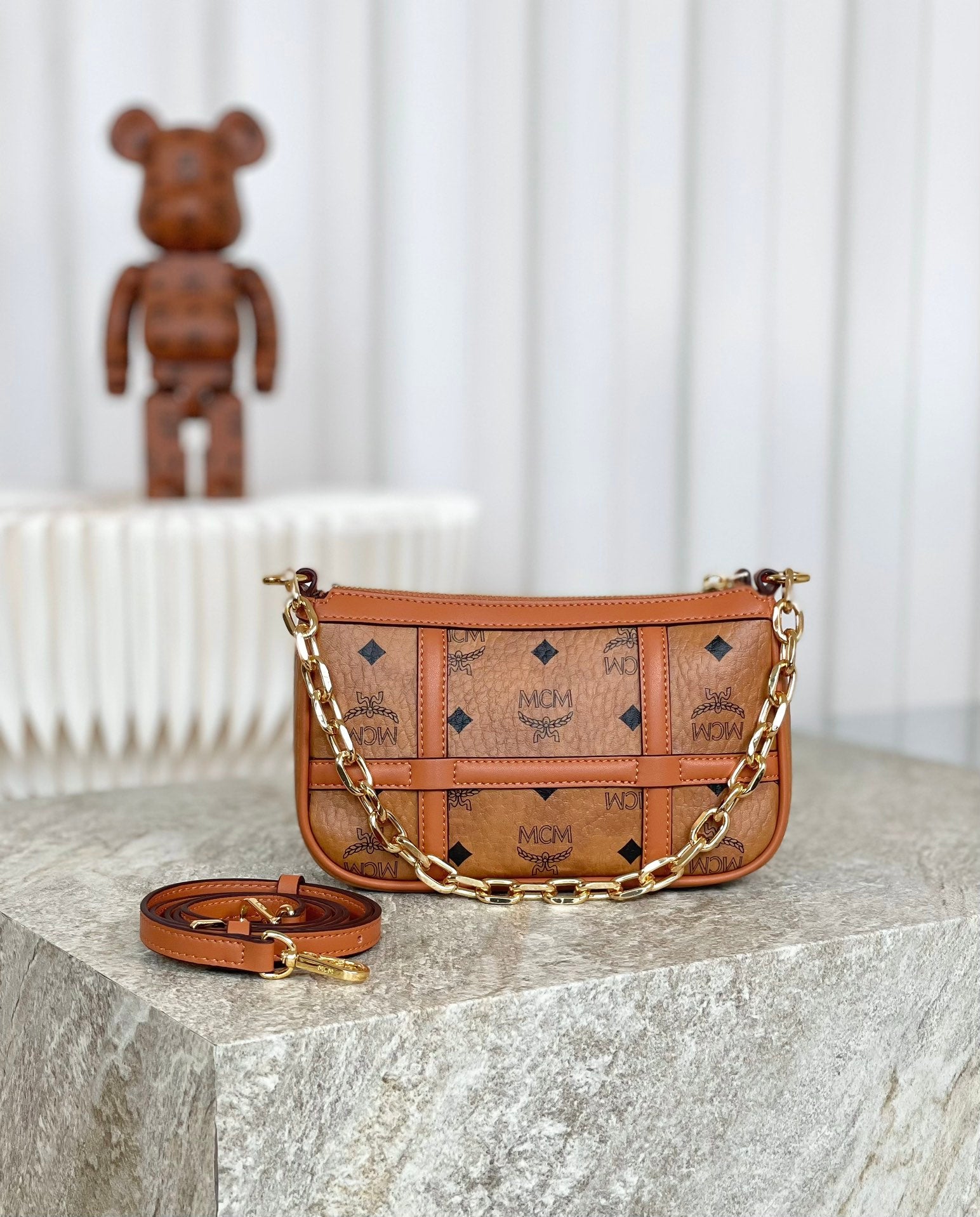 MCM Aren Visetos Crossbody Bag in Cognac