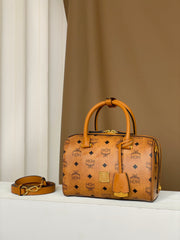 MCM Aren Visetos Small Boston Bag in Classic Cognac