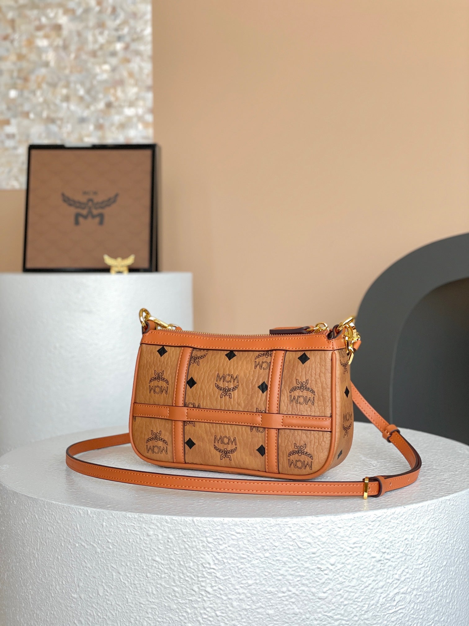 MCM Aren Visetos Mini Crossbody Bag in Cognac