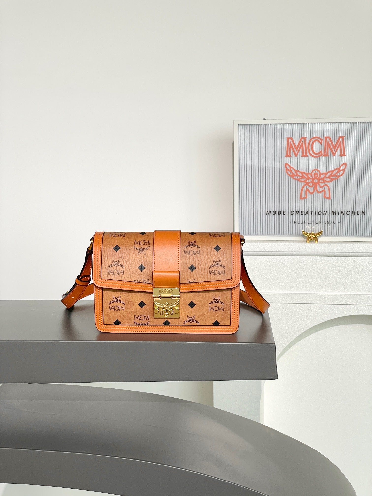 MCM Tracy Visetos Cognac Crossbody Bag