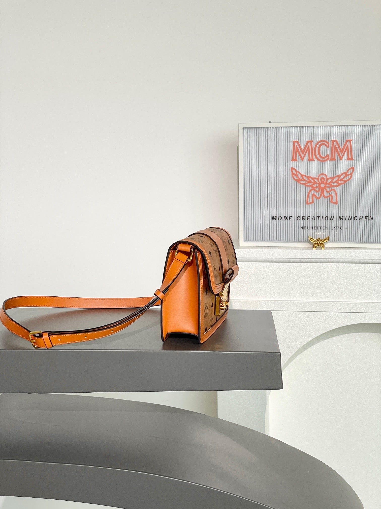 MCM Tracy Visetos Cognac Crossbody Bag