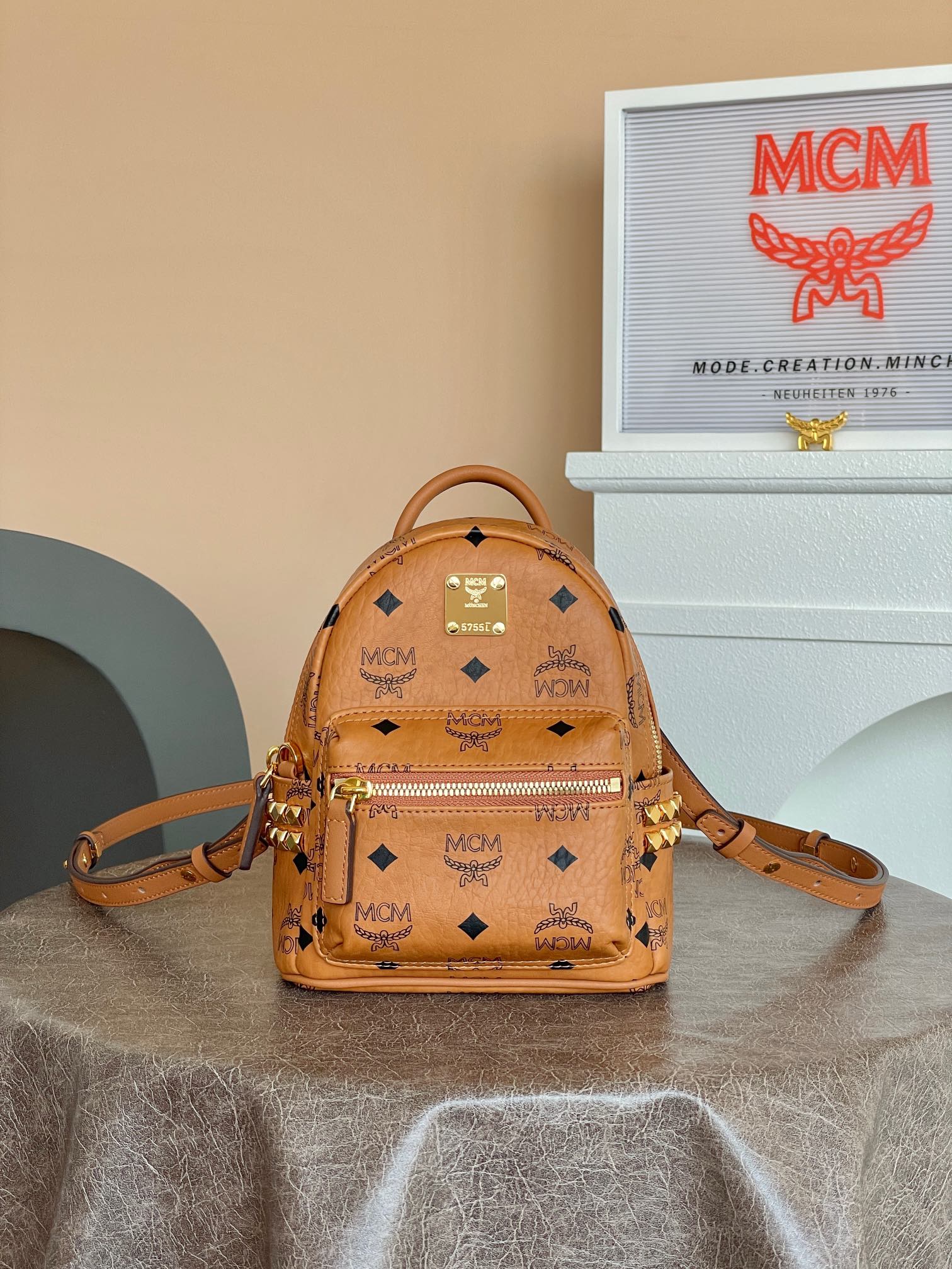 MCM Stark Visetos X-Mini Rivet Backpack - Classic Cognac