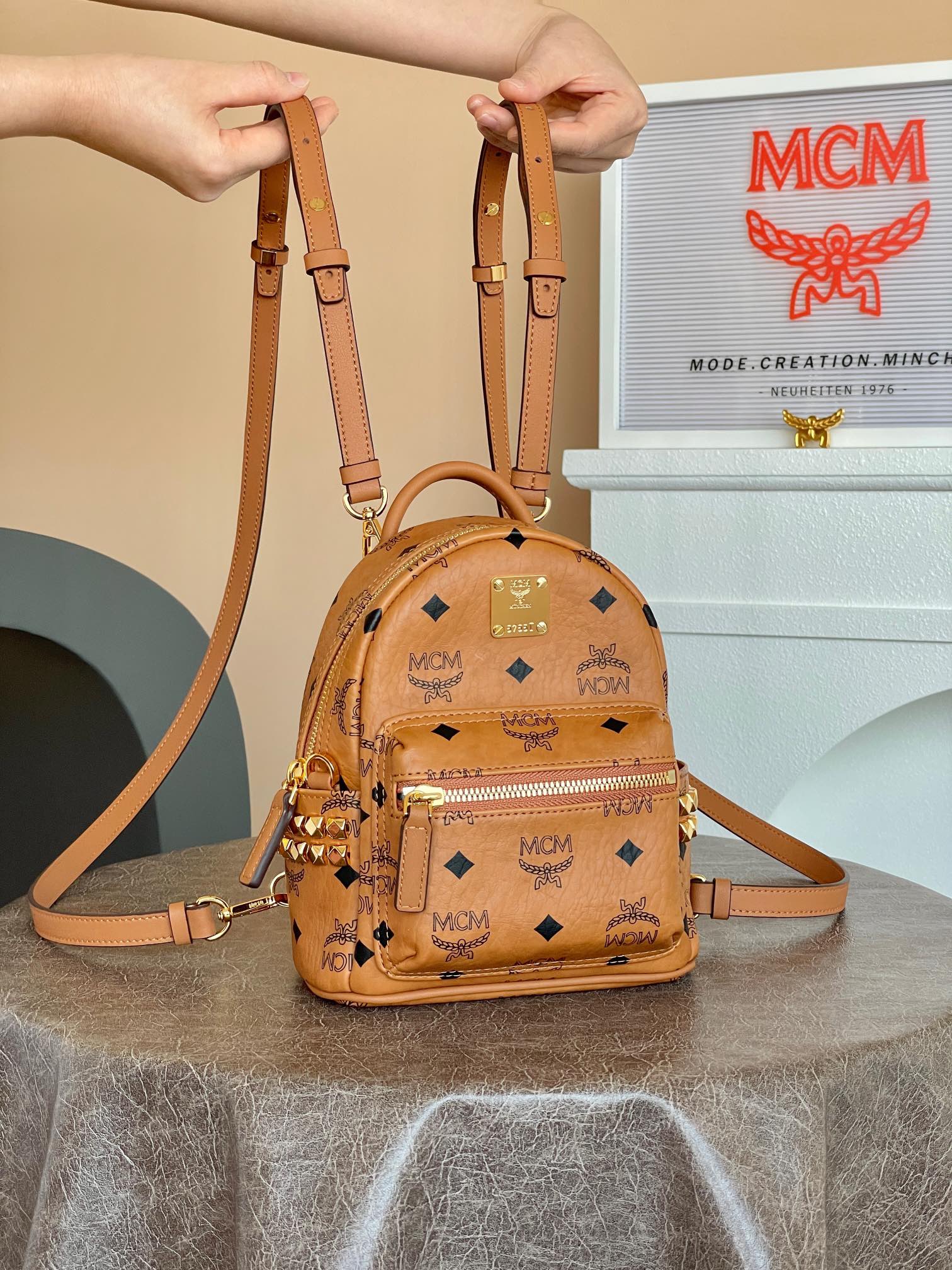 MCM Stark Visetos X-Mini Rivet Backpack - Classic Cognac