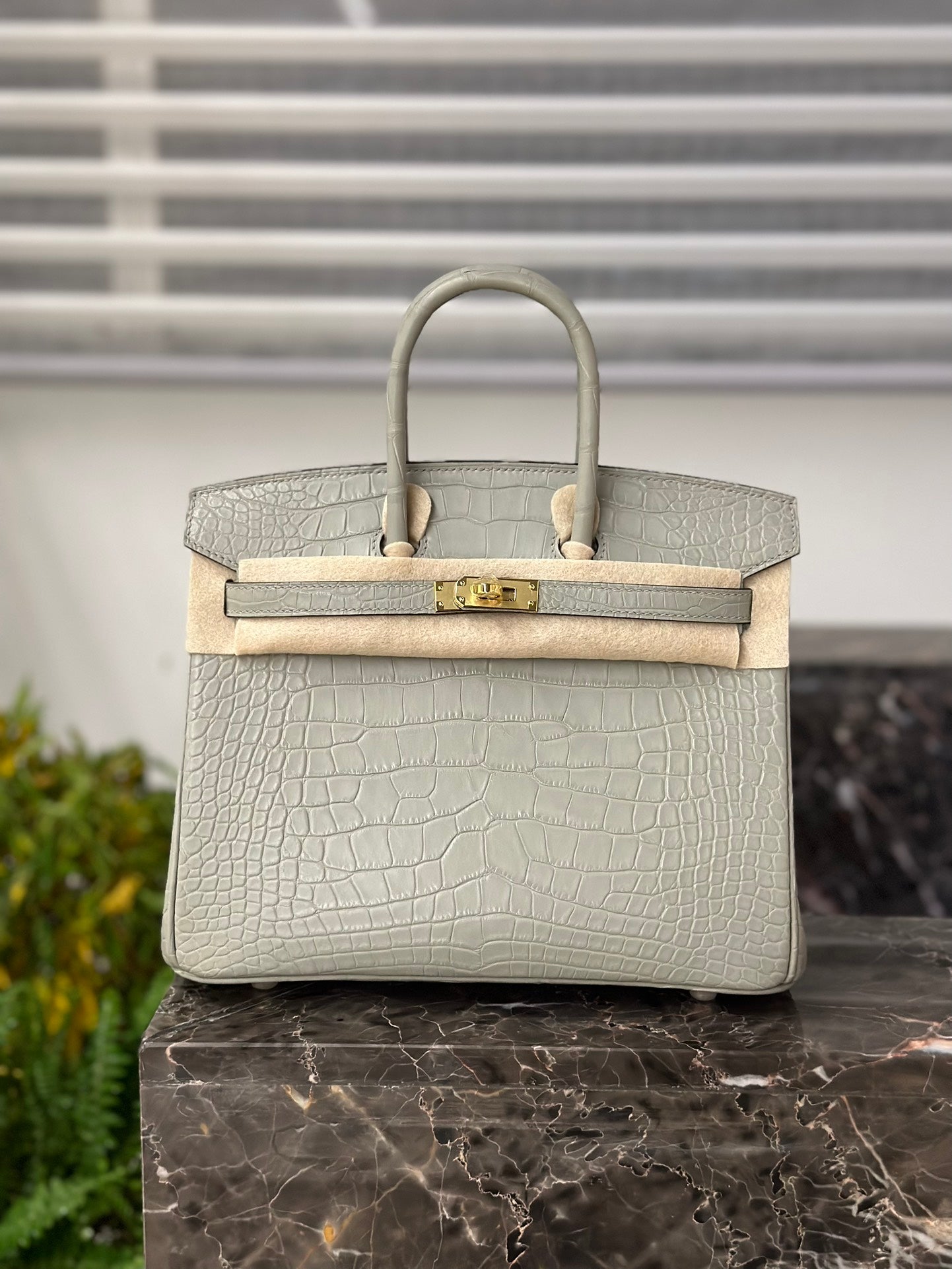 Pearl Gray Matte Leather American Belt with Gold Buckle