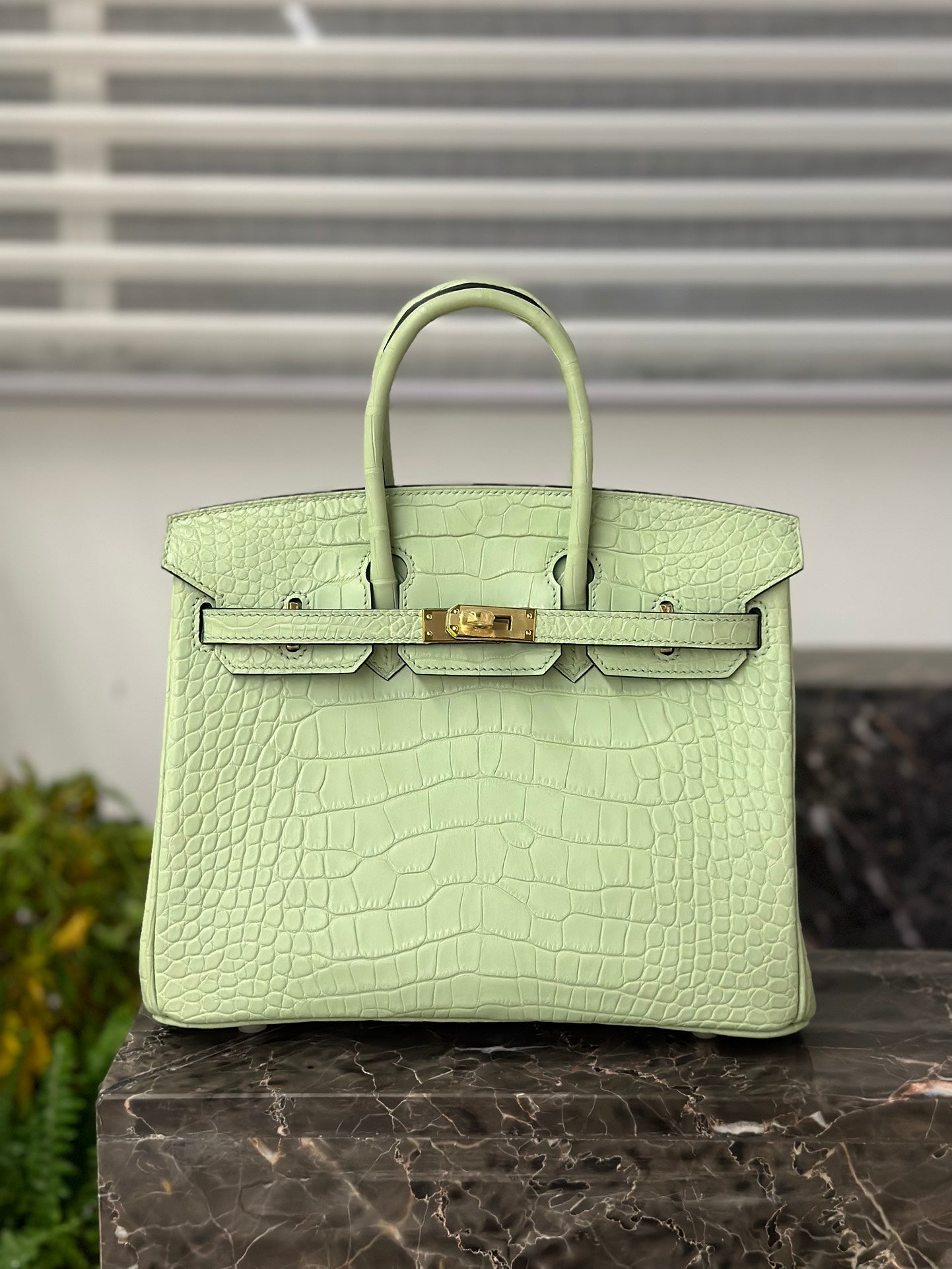 Mint Green Platinum 25 Matte Leather Belt with Gold Buckle