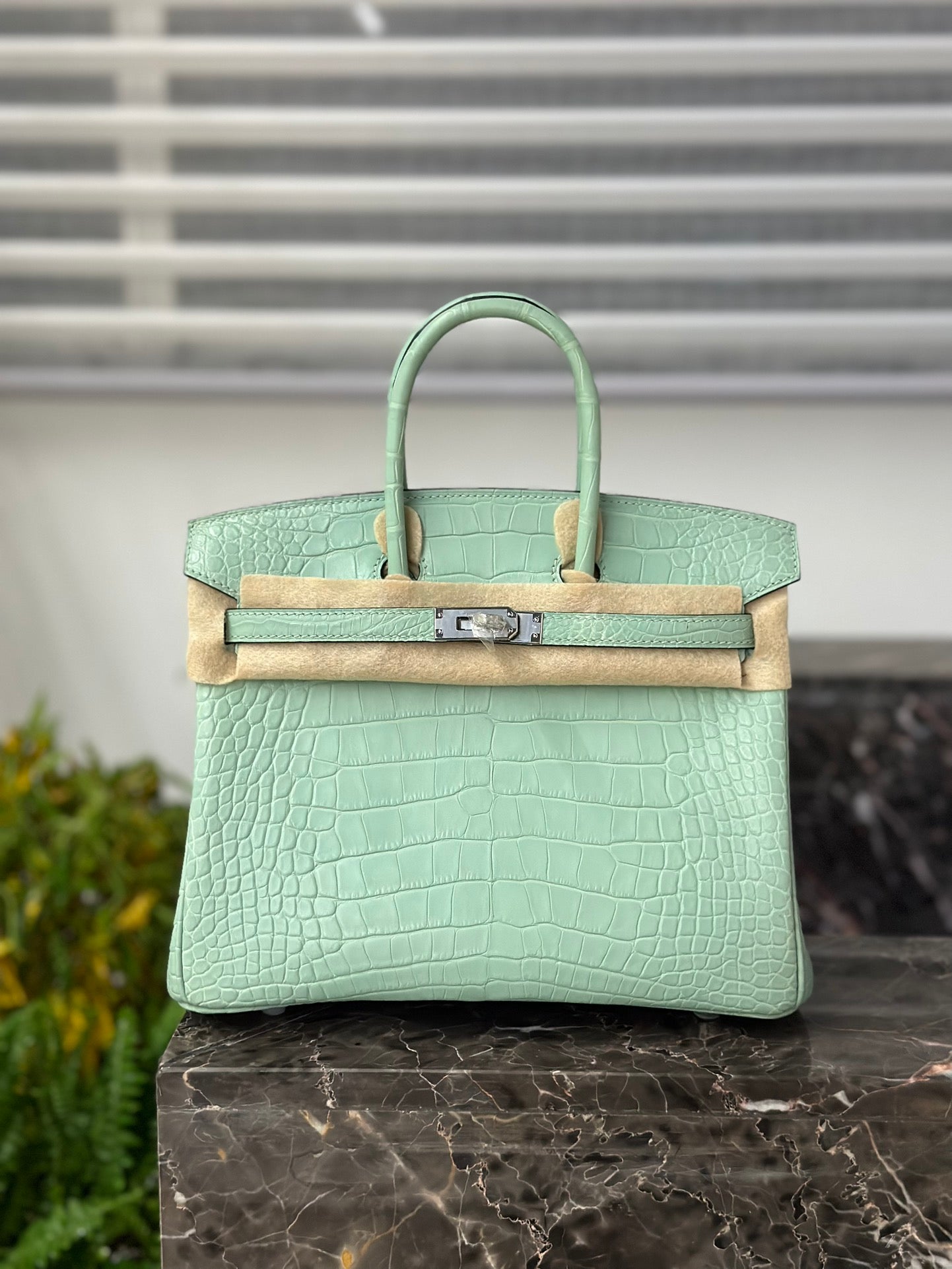 Mint Green Platinum 25 Matte Leather Belt with Silver Buckle