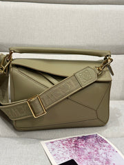 LOEWE Puzzle Small Satin Calfskin Bag with Woven Shoulder Strap