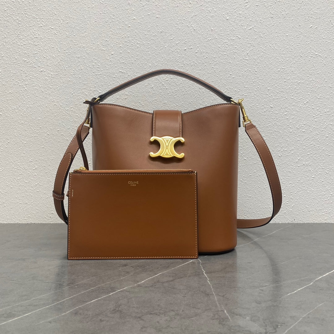 Celine Louise Glossy Calfskin Bucket Bag - Yellowish Brown
