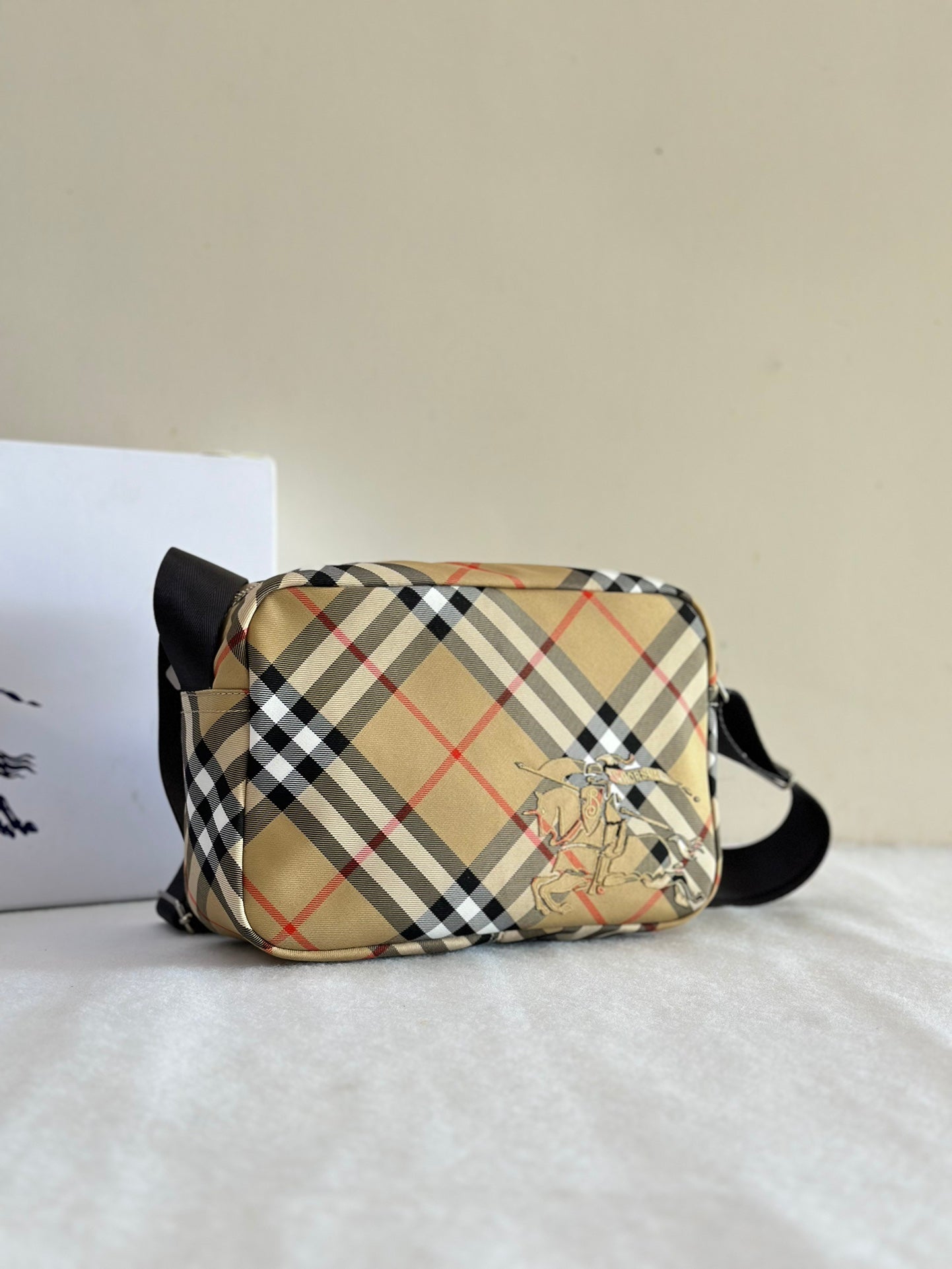 Sand Plaid Cross-Body Bag with Equestrian Knight Logo