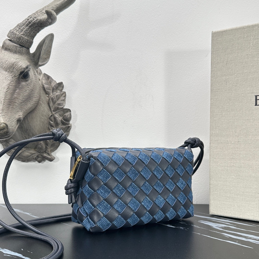 Stylish Loop Woven Small Square Denim and Leather Bag