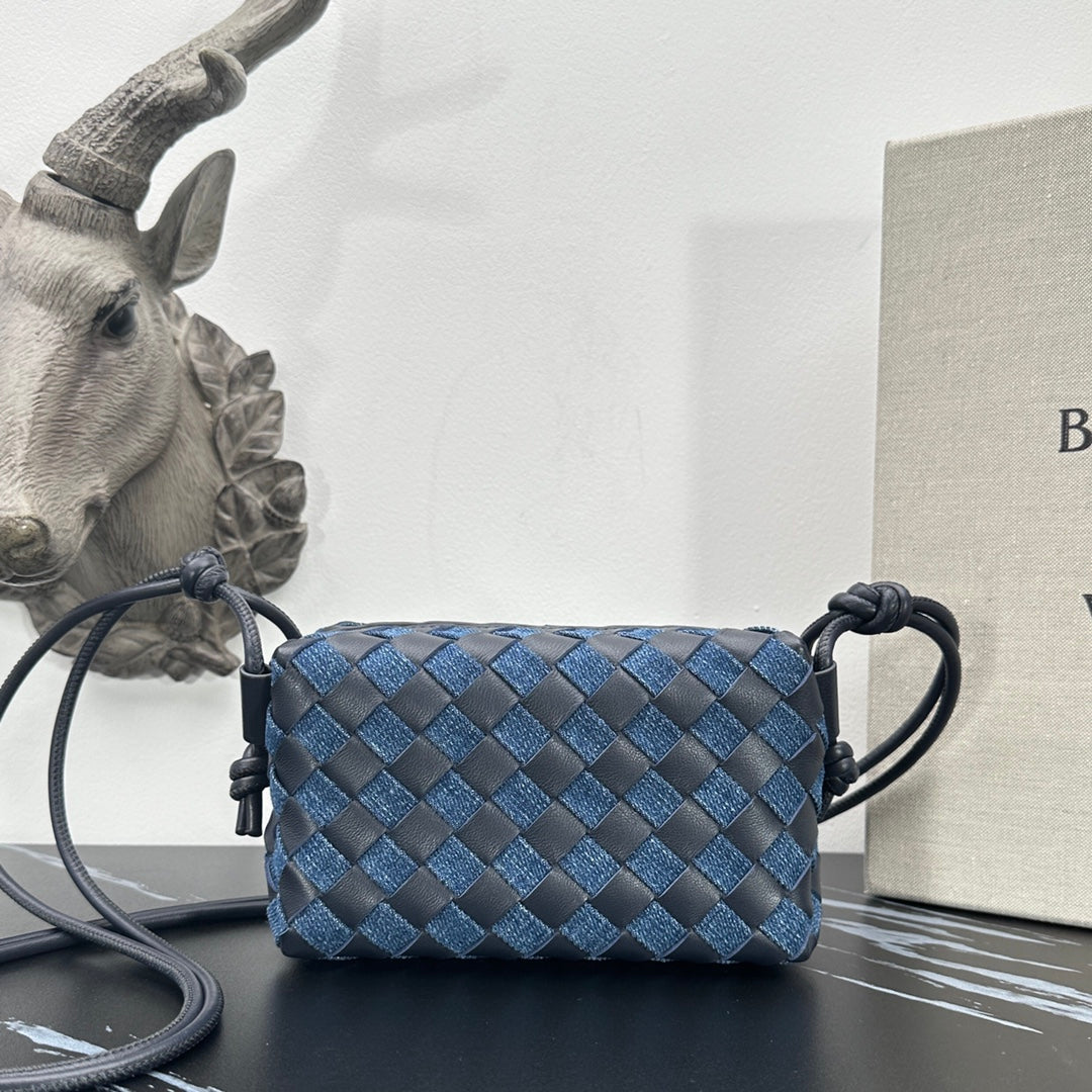 Stylish Loop Woven Small Square Denim and Leather Bag