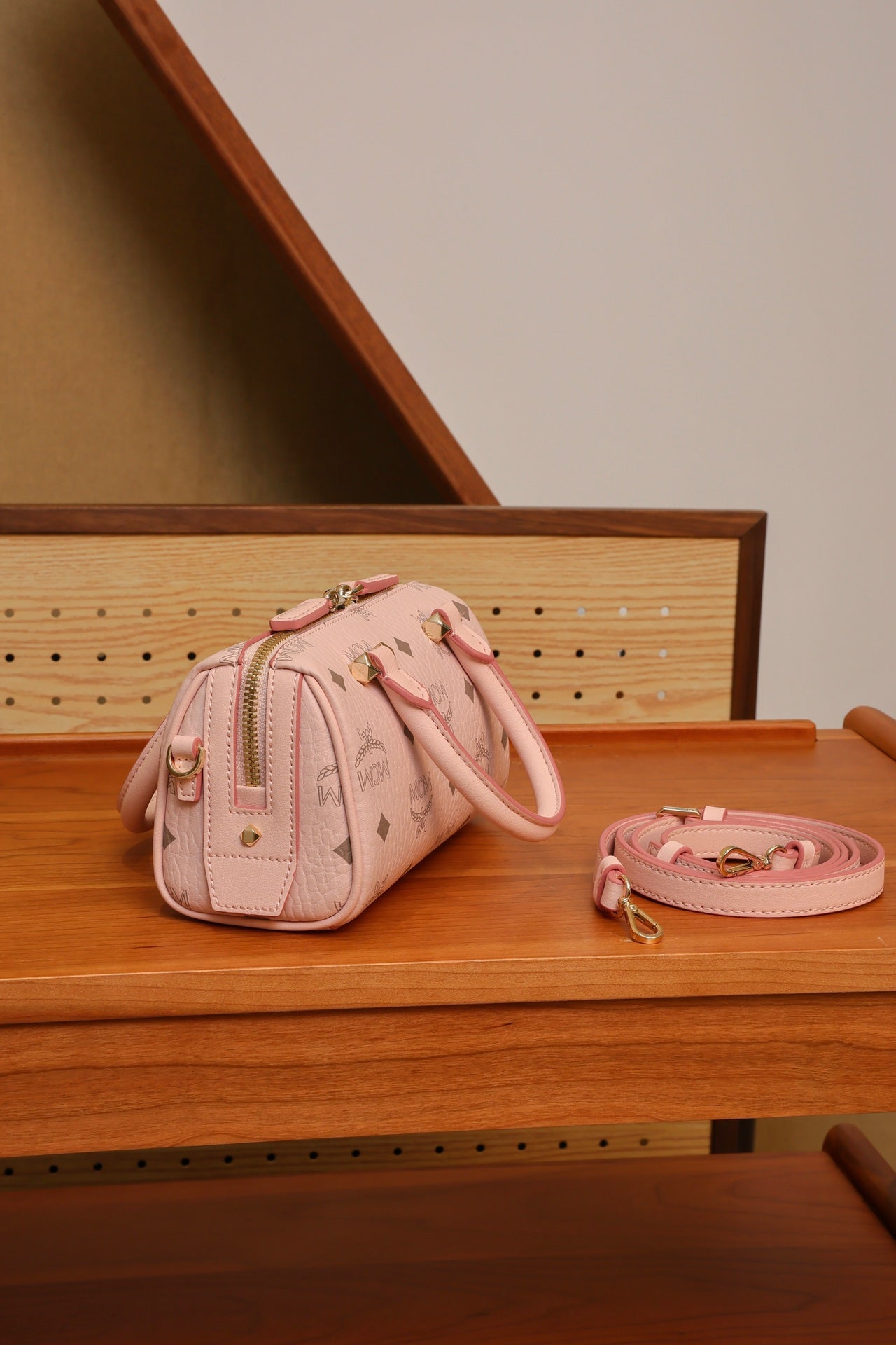 MCM Aren Essential Sakura Pink Mini Boston Bag