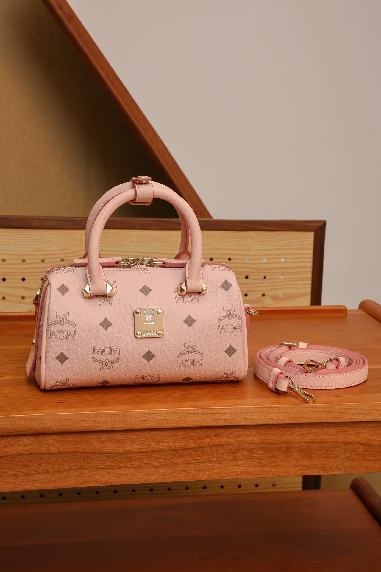 MCM Aren Essential Sakura Pink Mini Boston Bag