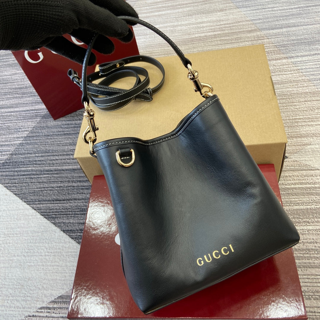 Gucci GG Emblem Mini Bucket Bag - Black Leather