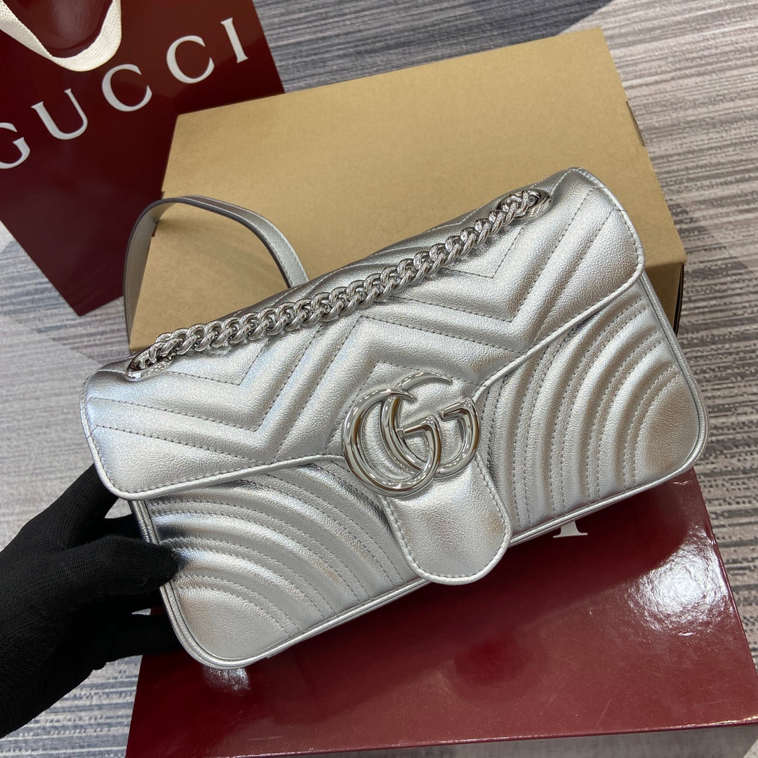 Gucci GG Marmont Silver Metallic Small Shoulder Bag
