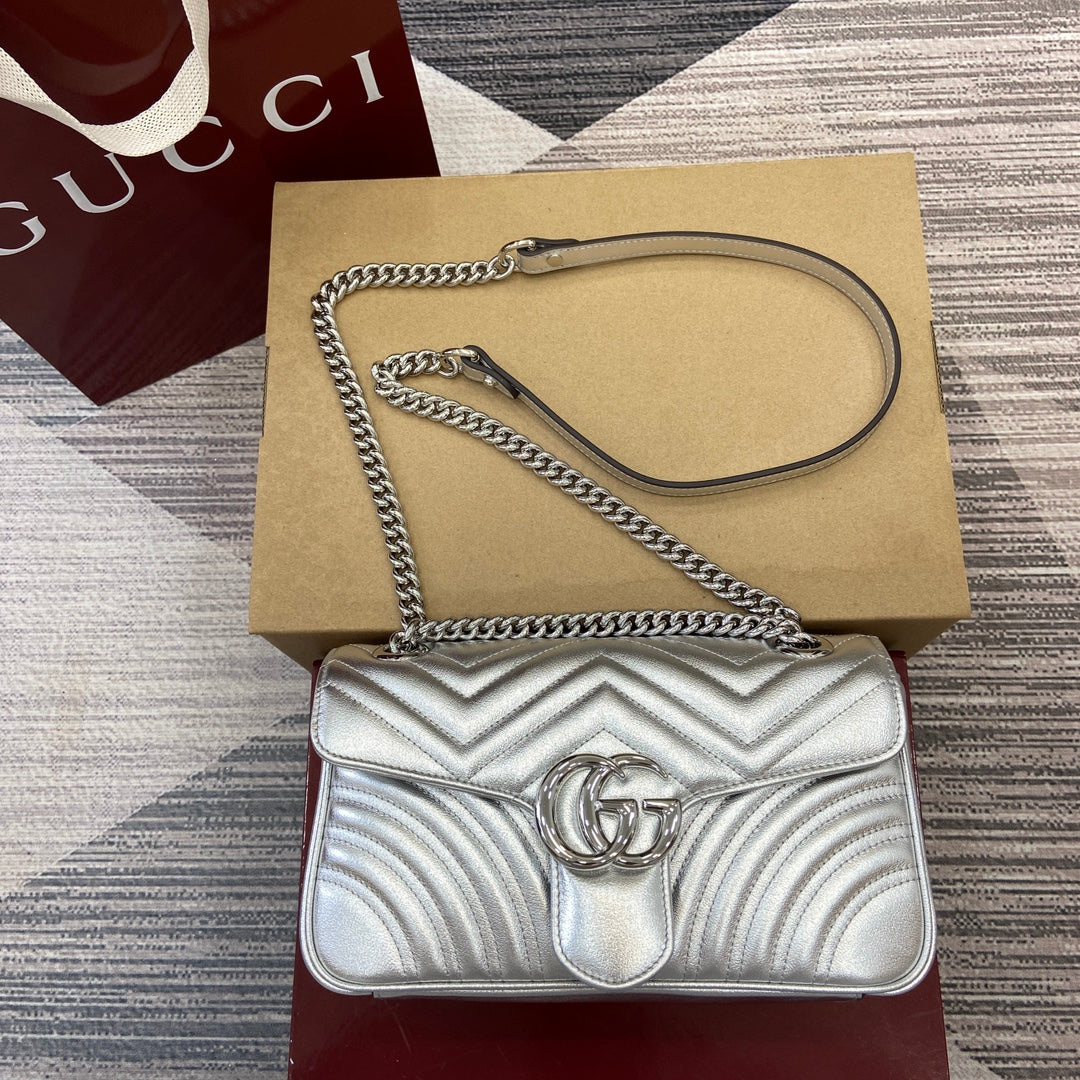 Gucci GG Marmont Silver Metallic Small Shoulder Bag