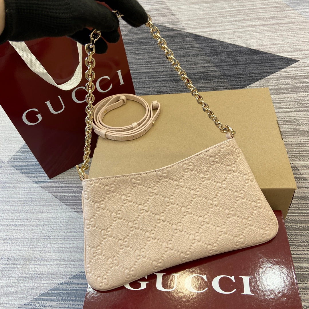 Gucci GG Emblem Series Small Shoulder Bag - Pink Grained Leather
