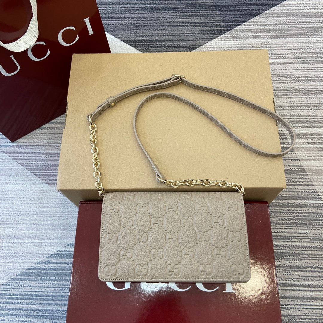 Gucci GG Emblem Taupe Leather Chain Bag - Model 818705