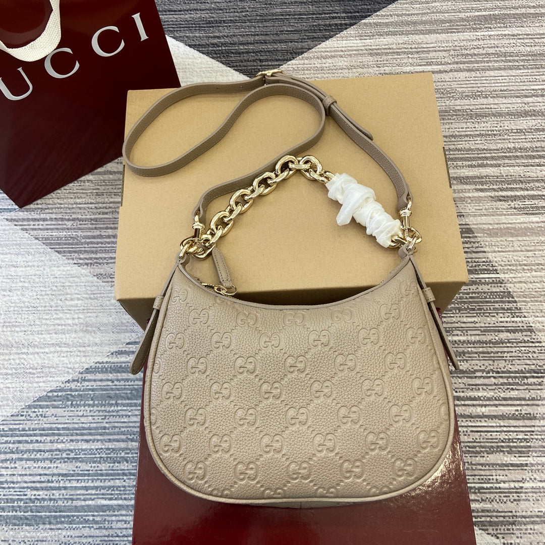 Gucci GG Emblem Medium Shoulder Bag in Gray Grained Leather