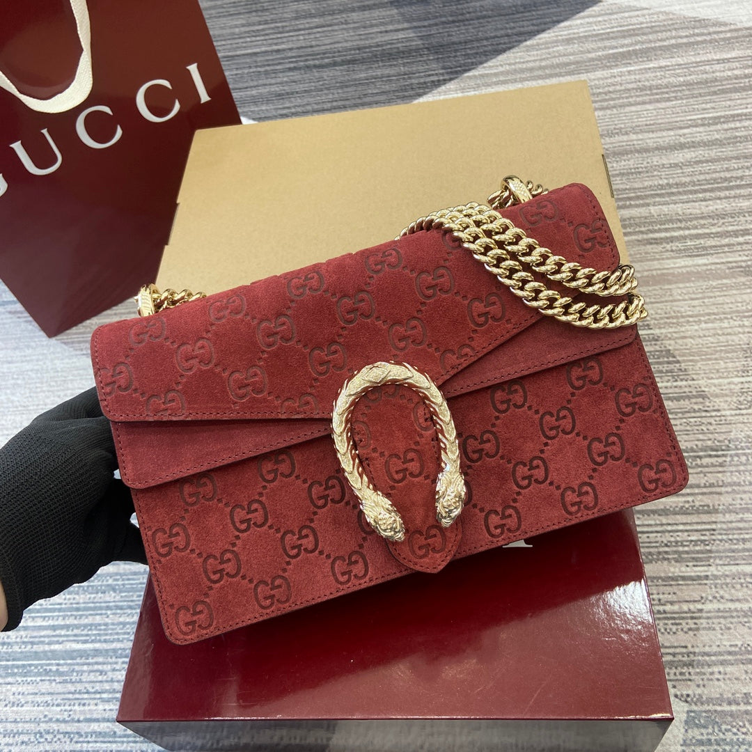 Gucci Dionysus Mini Shoulder Bag - Red GG Suede with Tiger Head Lock