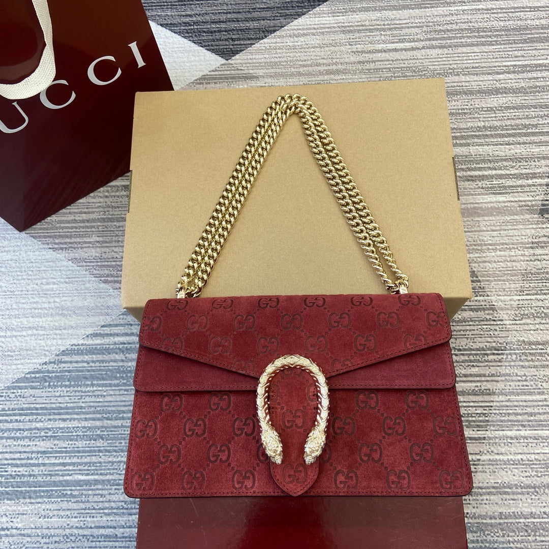 Gucci Dionysus Mini Shoulder Bag - Red GG Suede with Tiger Head Lock