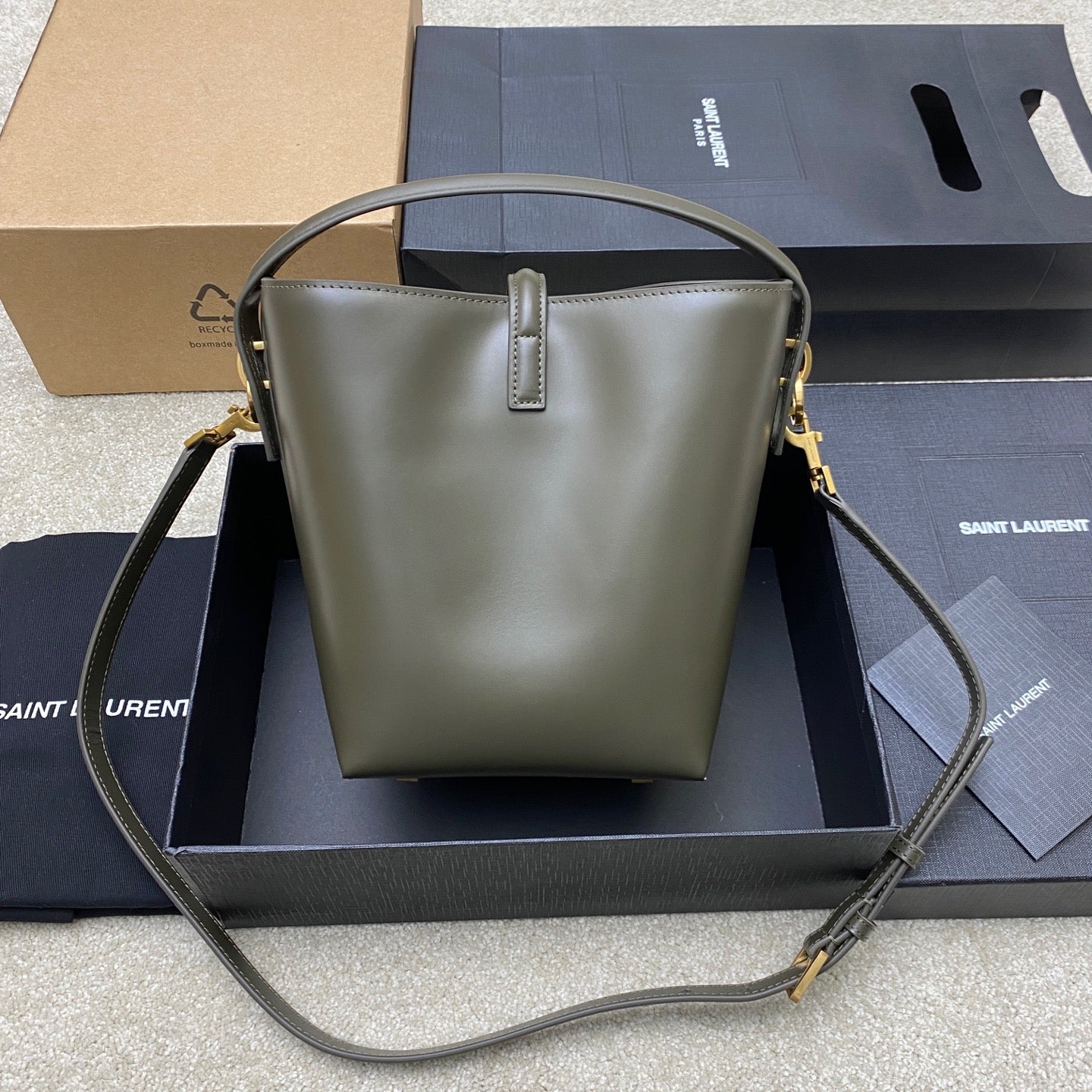 LE 5Ã€7 Italian Calfskin Small Bucket Bag - Musk Green & Antique Gold