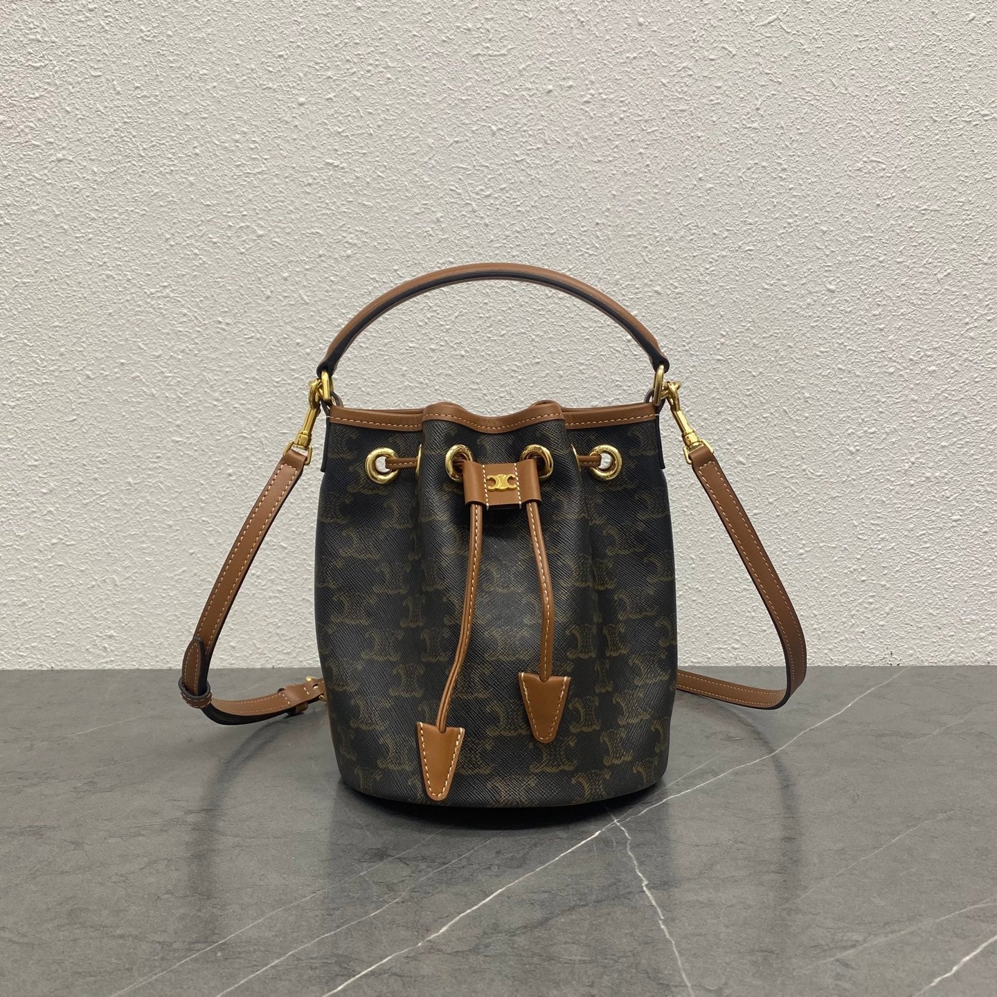 Celine Clara Drawstring Bucket Bag - Ocher Brown Arc de Triomphe Print