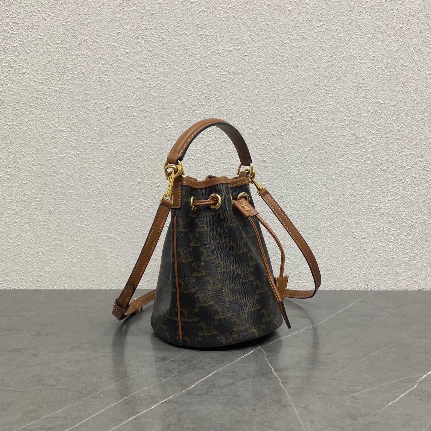 Celine Clara Drawstring Bucket Bag - Ocher Brown Arc de Triomphe Print