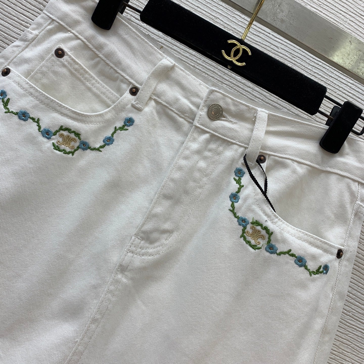 Custom High-Waisted Denim Skirt with Embroidery by Celine
