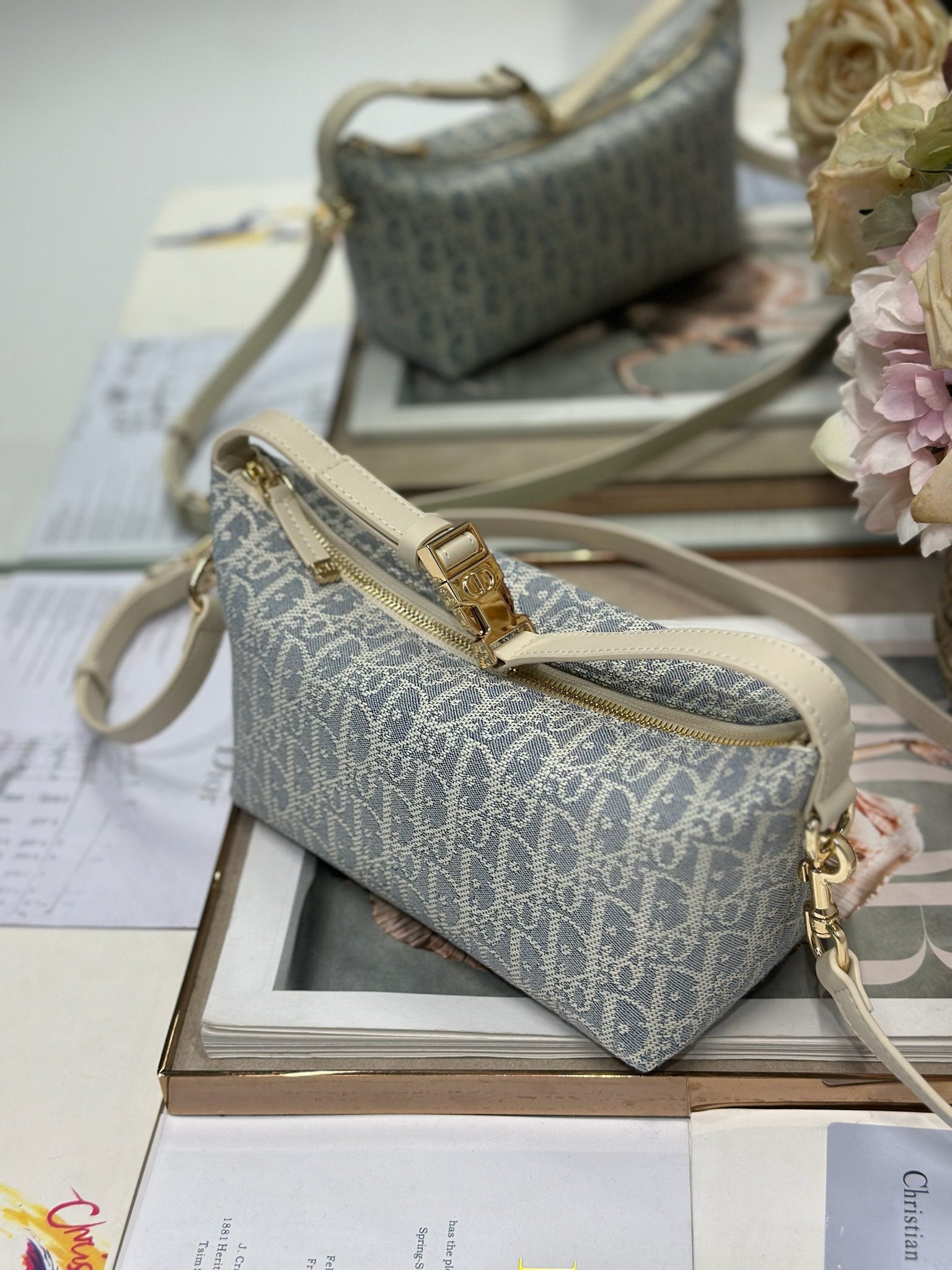 Dior Medium Travel Nomad Clutch - Gray D Fabric with Shoulder Strap