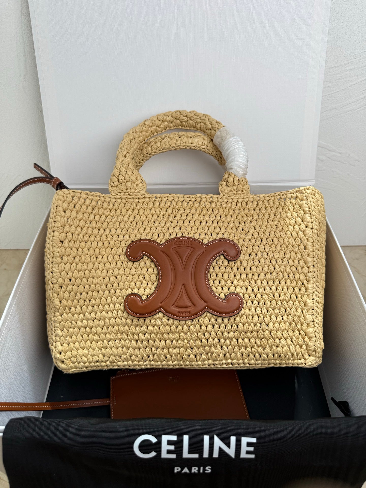 Celine TCABAS THAIS Small Leather and Straw Tote Bag