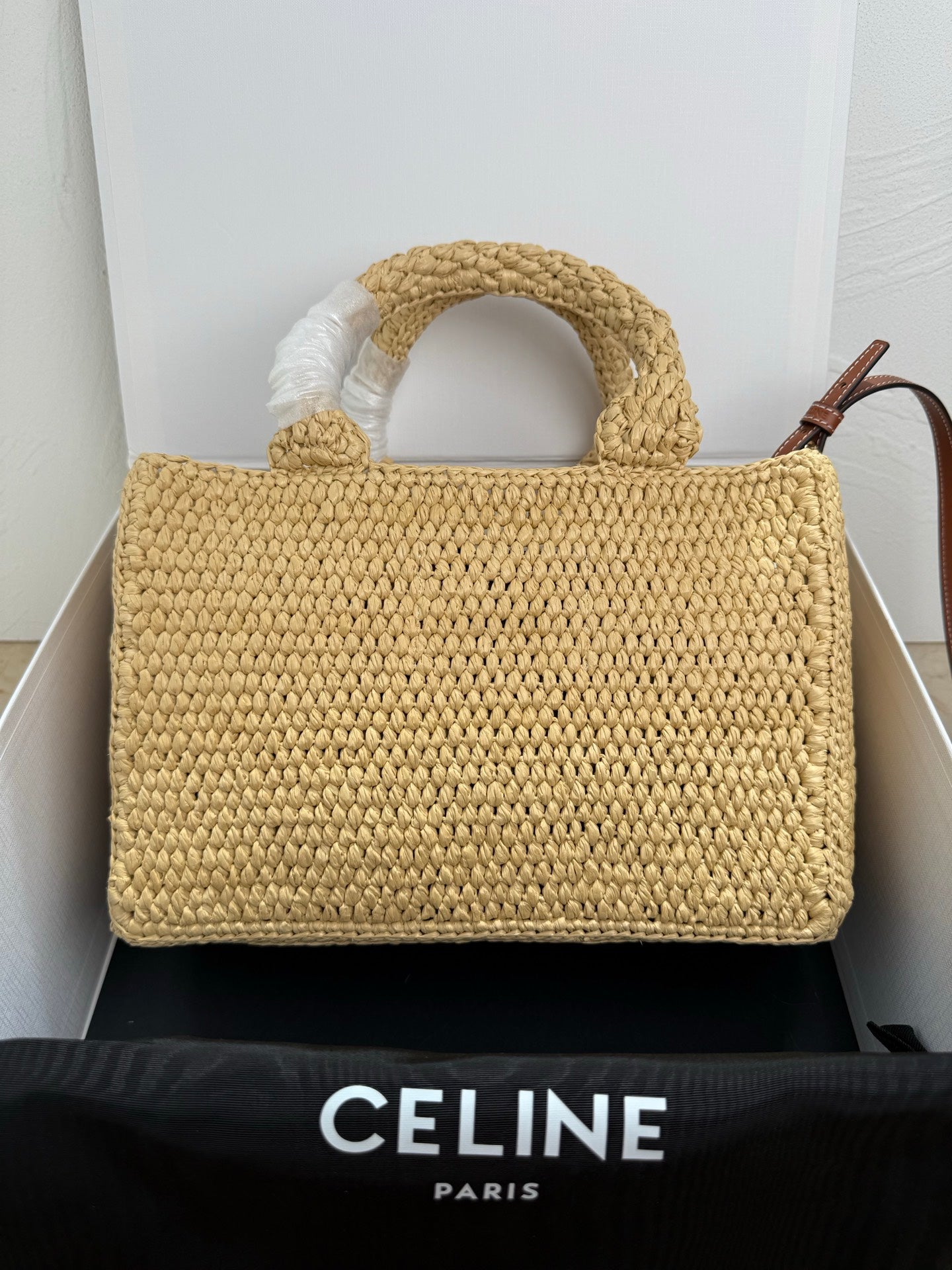 Celine TCABAS THAIS Small Leather and Straw Tote Bag