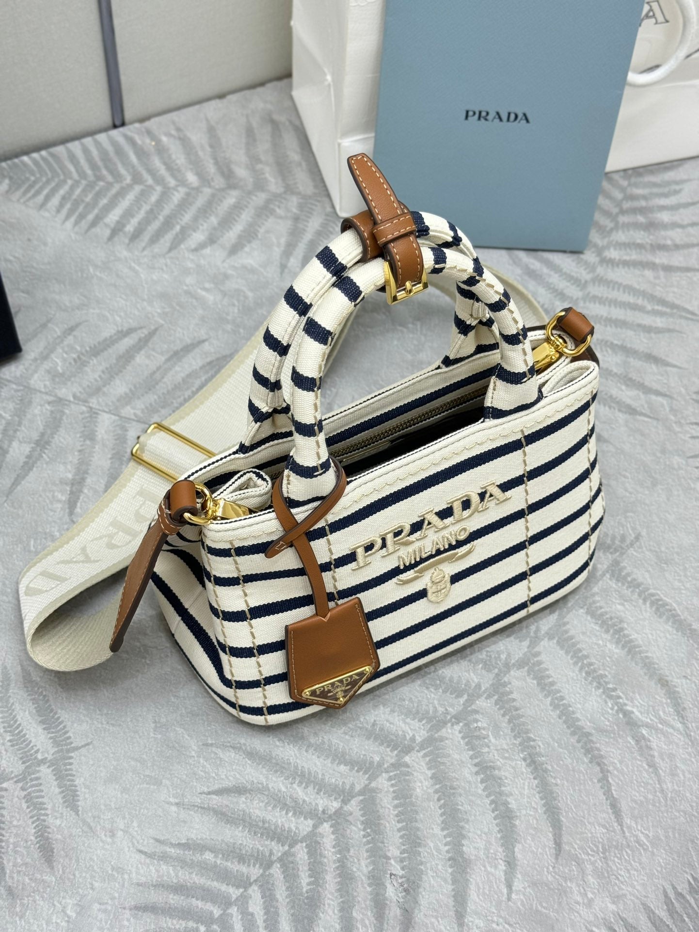 Prada Striped Cotton Canvas Mini Gardener Bag - Iconic Nautical Style