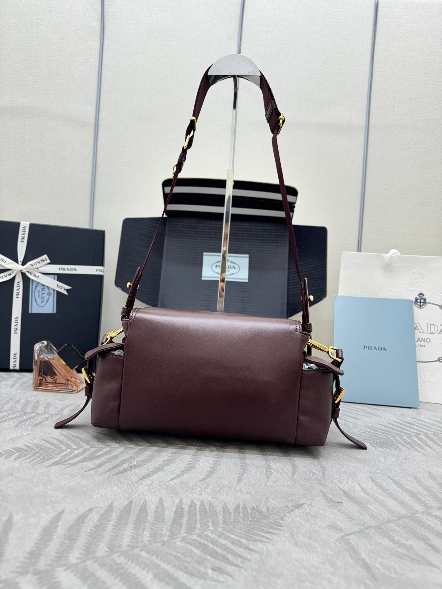 Prada Burgundy Lambskin Messenger Bag with Dual Straps