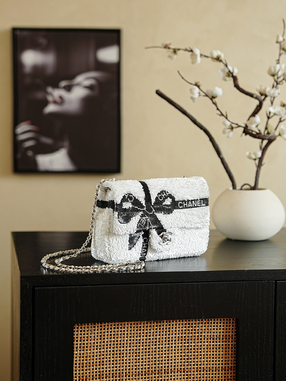ChaneL 24B Bow Sequin Bag â€“ Luxurious Black & White Design